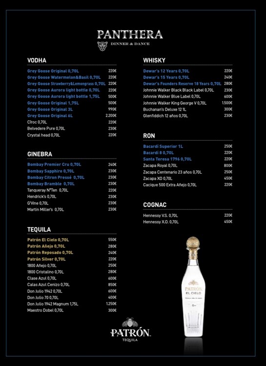 panthera madrid menu